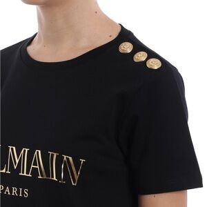 Balmain Black Logo T-Shirt with Gold Buttons
